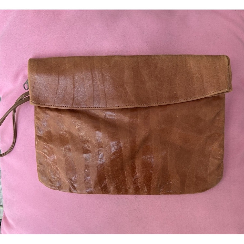 Vintage‎ Foldover Leather Clutch – 1980s Artisan Handmade – Cognac Brown